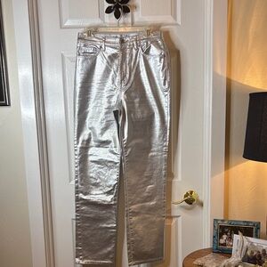 LOFT Silver Tone High Waist Straight Leg Metallic Jeans Pants Size 6 Like New